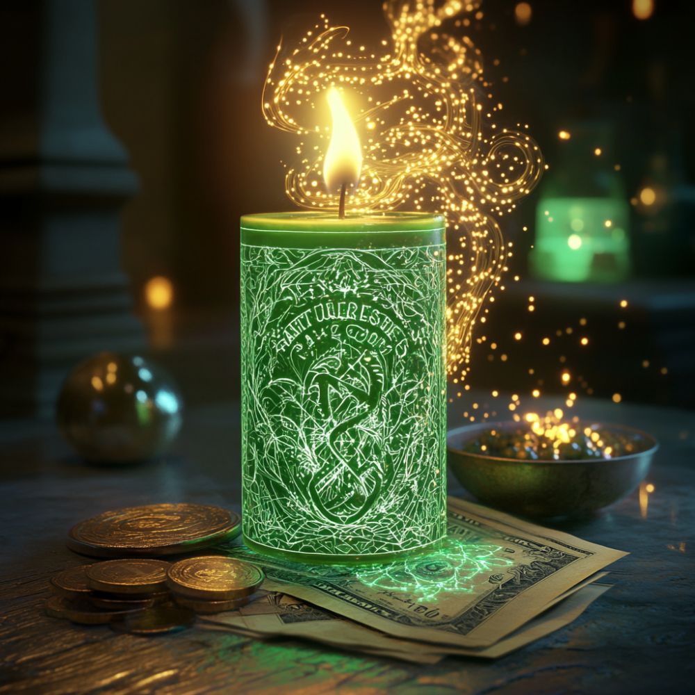 A green candle with mystical designs burns on a table surrounded by coins and dollar bills, emitting glowing sparks that suggest themes of money spells and manifestation.