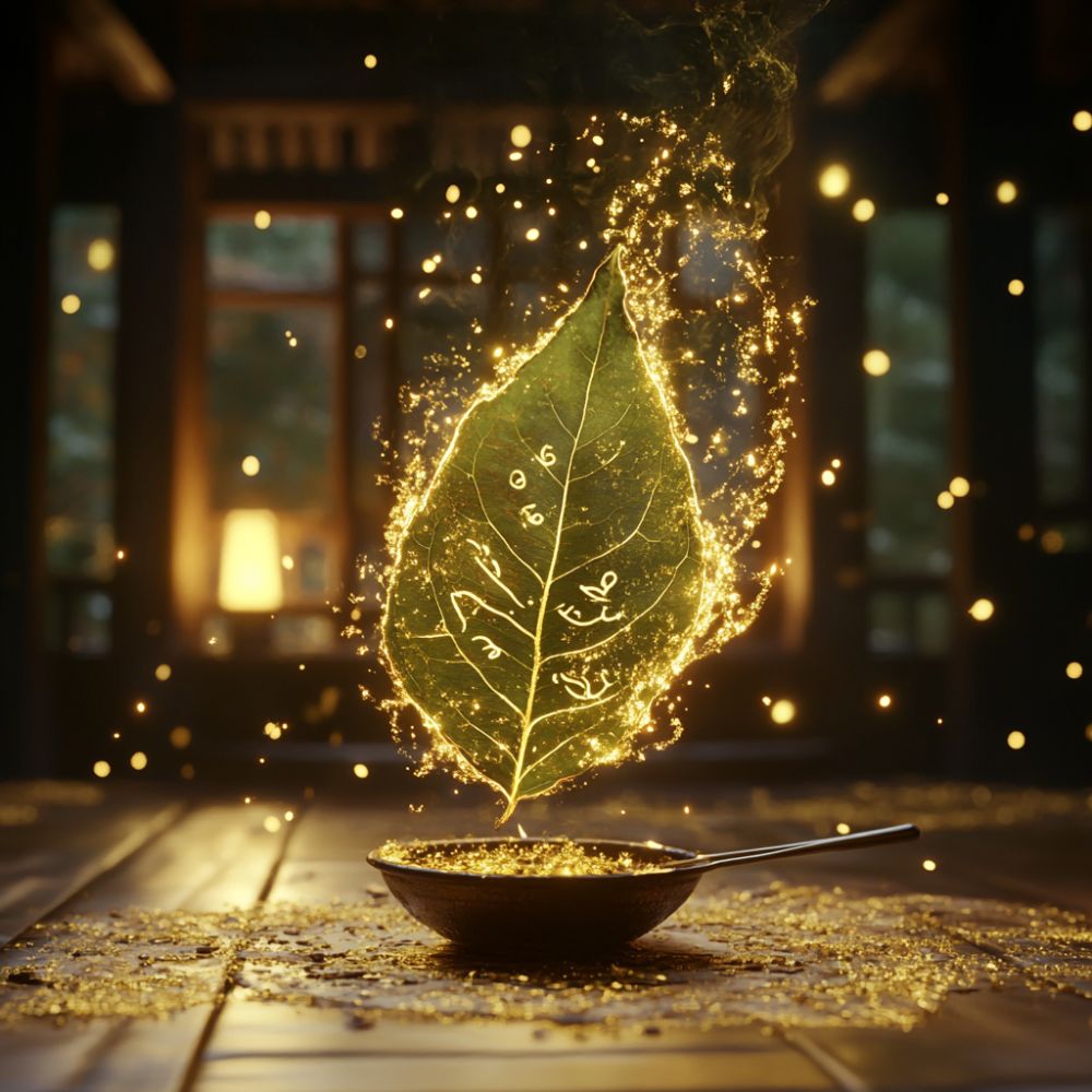 A glowing leaf with mystical symbols hovers above a bowl surrounded by shimmering particles, evoking themes of money spells and wealth manifestation rituals.