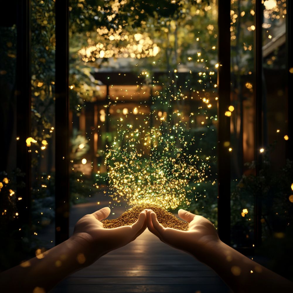 A pair of hands holds a mound of sparkling substance, surrounded by a natural setting that suggests themes of money spells and manifestation rituals.