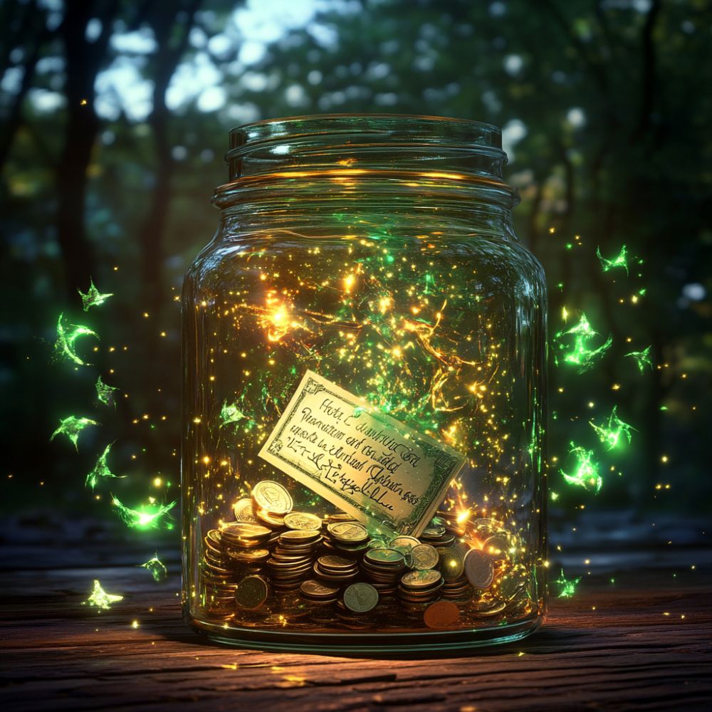 A glass jar filled with coins and glowing green sparkles contains a card with text, suggesting themes of money spells and wealth attraction.