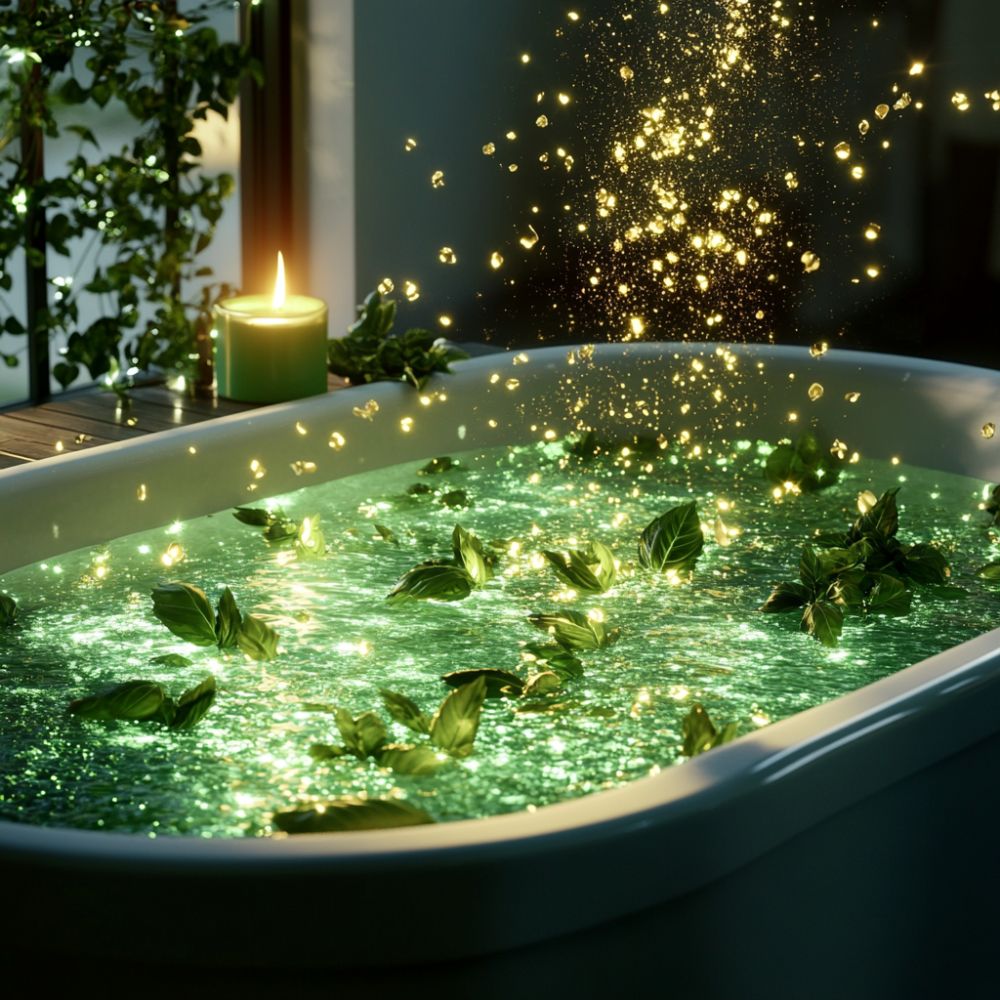 A green, shimmering bathtub filled with water and floating leaves is illuminated by a nearby candle, suggesting a setting for performing rituals or spells related to wealth and attraction.