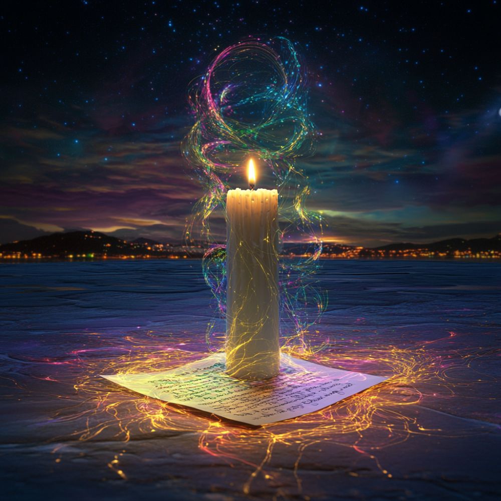 A lit white candle emits colorful light swirls above a piece of parchment on a dark surface, suggesting themes of money spells, love spells, and magical rituals for wealth attraction.