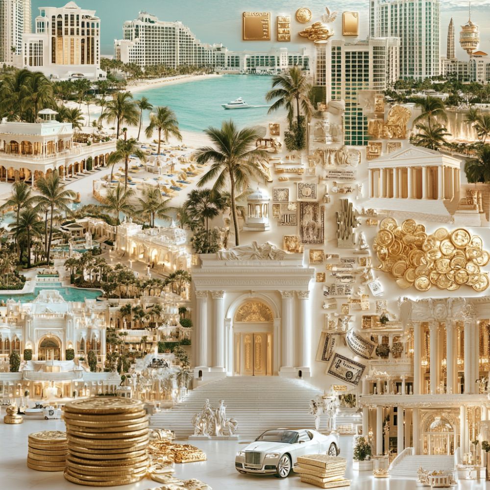 A luxurious scene featuring a beach resort with palm trees, golden coins, and ornate architecture, symbolizing wealth and prosperity, accompanied by elements suggestive of money spells and rituals.