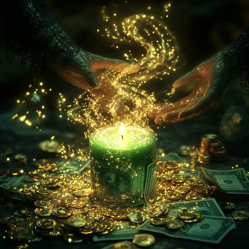 A green candle surrounded by coins and dollar bills emits golden sparkles, as two hands appear to be casting spells for money attraction and wealth manifestation.