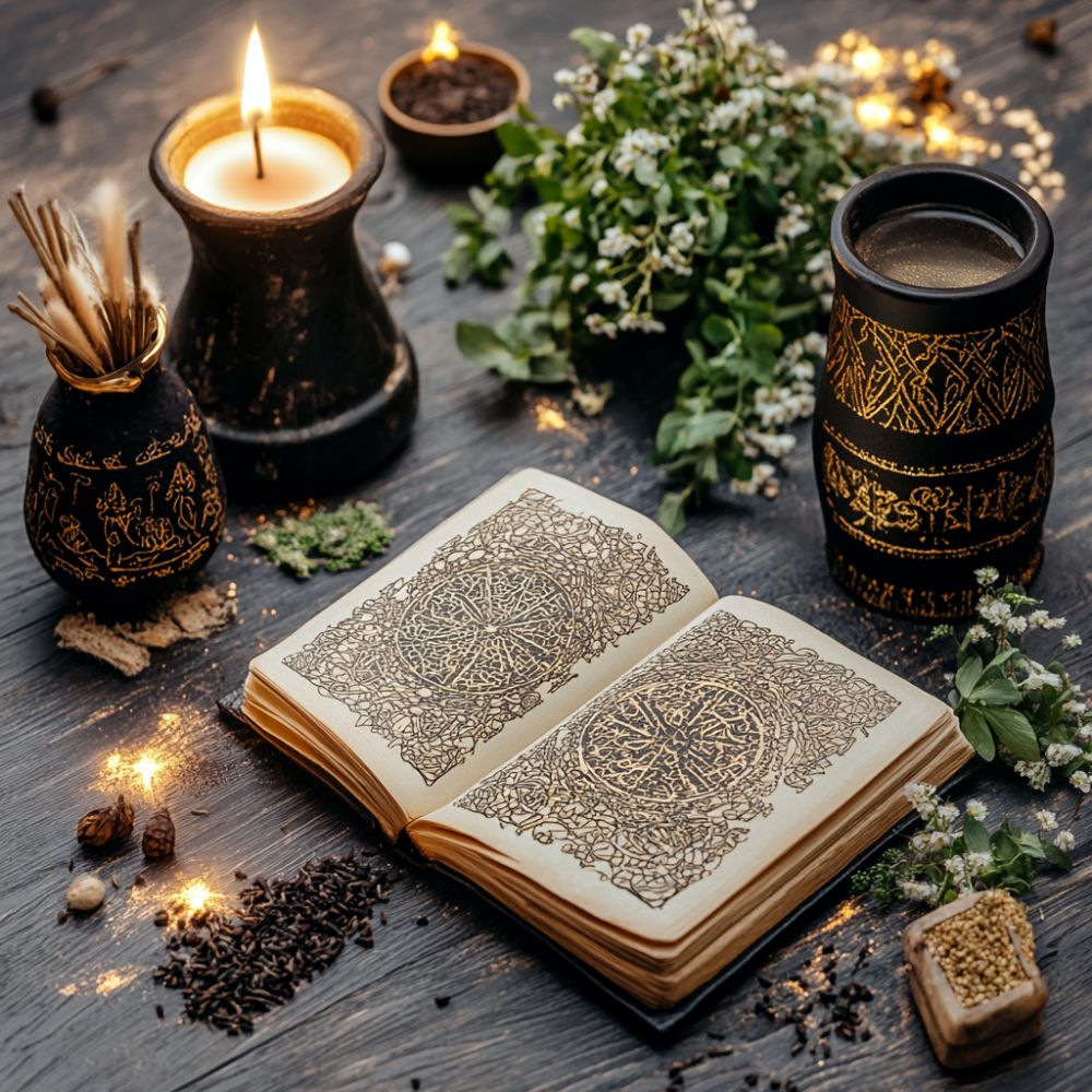 A mystical Charmed Book of Shadows rests open on a dark wooden table, filled with intricate golden sigils. Surrounding the book are Witch Things: a lit candle, vials with herbs, and a cup with ancient designs. Scattered cloves, seeds, and glowing embers add to the magical scene. Fresh greenery and white flowers enhance the Protection Spell ambiance. This image represents Dream of Me Spells Witchcraft, Astral Projection Spell Jar, and Witchcraft Spells for Beginners, making it ideal for those seeking Simple Spells for Beginners and Spells for Beginners related to protection and mystical arts.