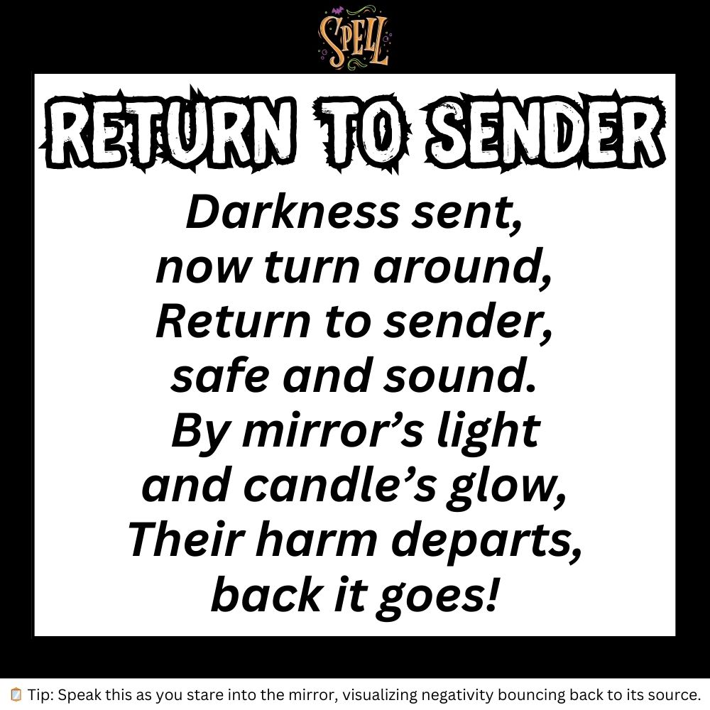 A spell for curse removal titled "Return to Sender" instructs users to visualize negative energy returning to its source, presented in a style suitable for a Halloween spell book.