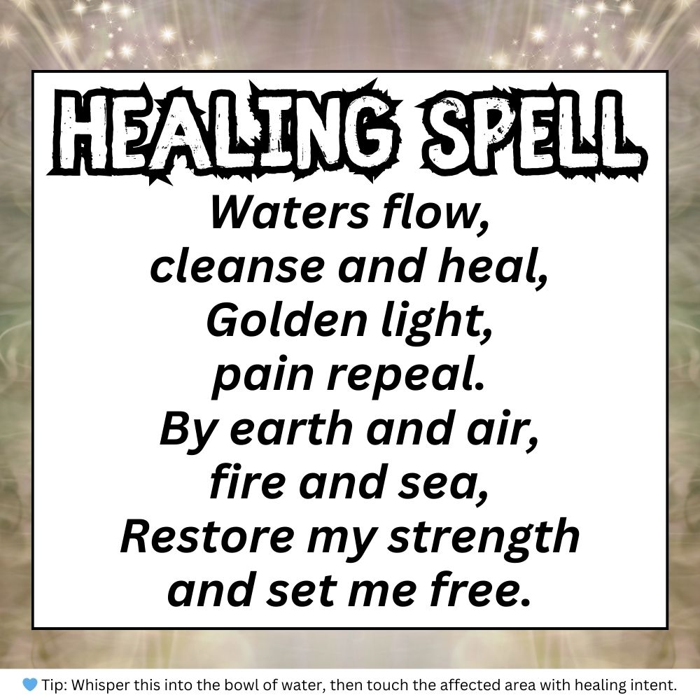 A instruction page featuring a healing spell text that combines elements of Wiccan beliefs and magic, emphasizing intentions for health restoration for others.