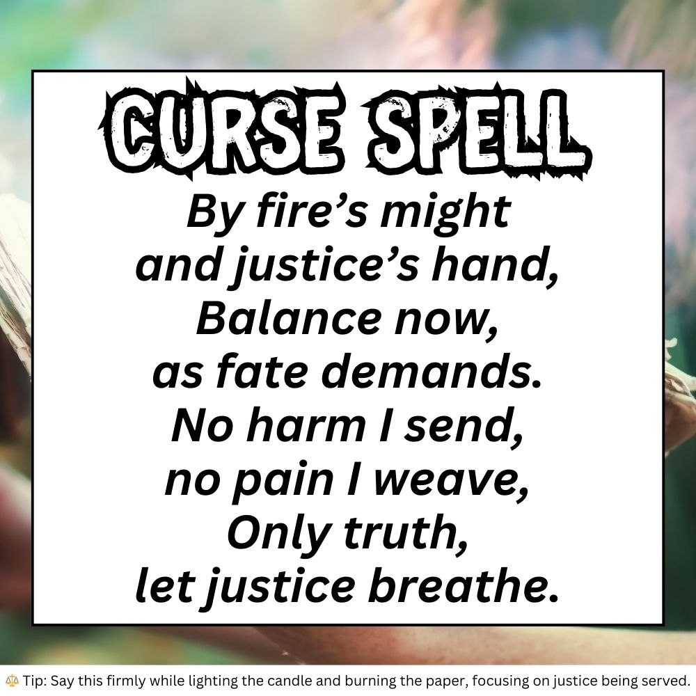A square digital graphic with a blurred green and brown background showing a close-up of a hand holding a small burning piece of paper. The title "CURSE SPELL" is in bold, black, uppercase letters with a rough, textured font. Below, a short rhyming spell reads:

"By fire’s might
and justice’s hand,
Balance now,
as fate demands.
No harm I send,
no pain I weave,
Only truth,
let justice breathe."

A small tip at the bottom states: "Say this firmly while lighting the candle and burning the paper, focusing on justice being served."