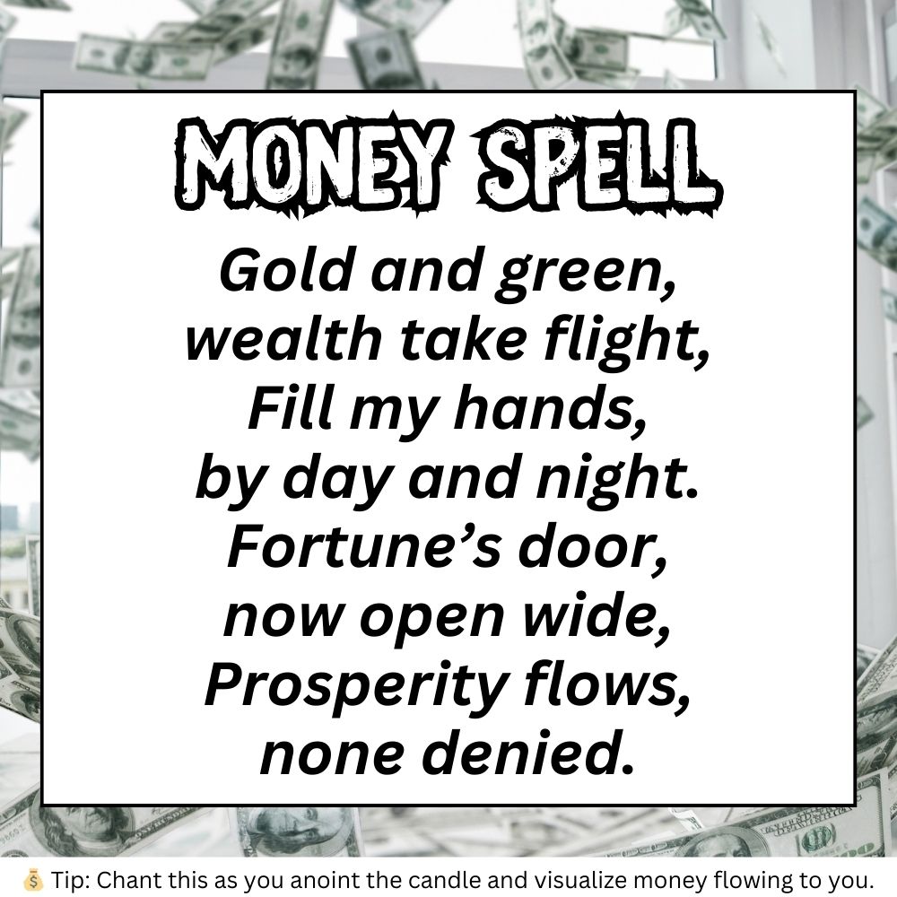 Digital image of a Money Spell for Witch Spells And Potions Real and Good Spells For Beginners. The spell is in bold black font over a background of floating dollar bills. It reads:

"Gold and green,
wealth take flight,
Fill my hands,
by day and night.
Fortune’s door,
now open wide,
Prosperity flows,
none denied."

A small tip at the bottom suggests: "Chant this as you anoint the candle and visualize money flowing to you."

This spell aligns with Spells Witchcraft Aesthetic and can be used for Single Word Spells Magic related to abundance.