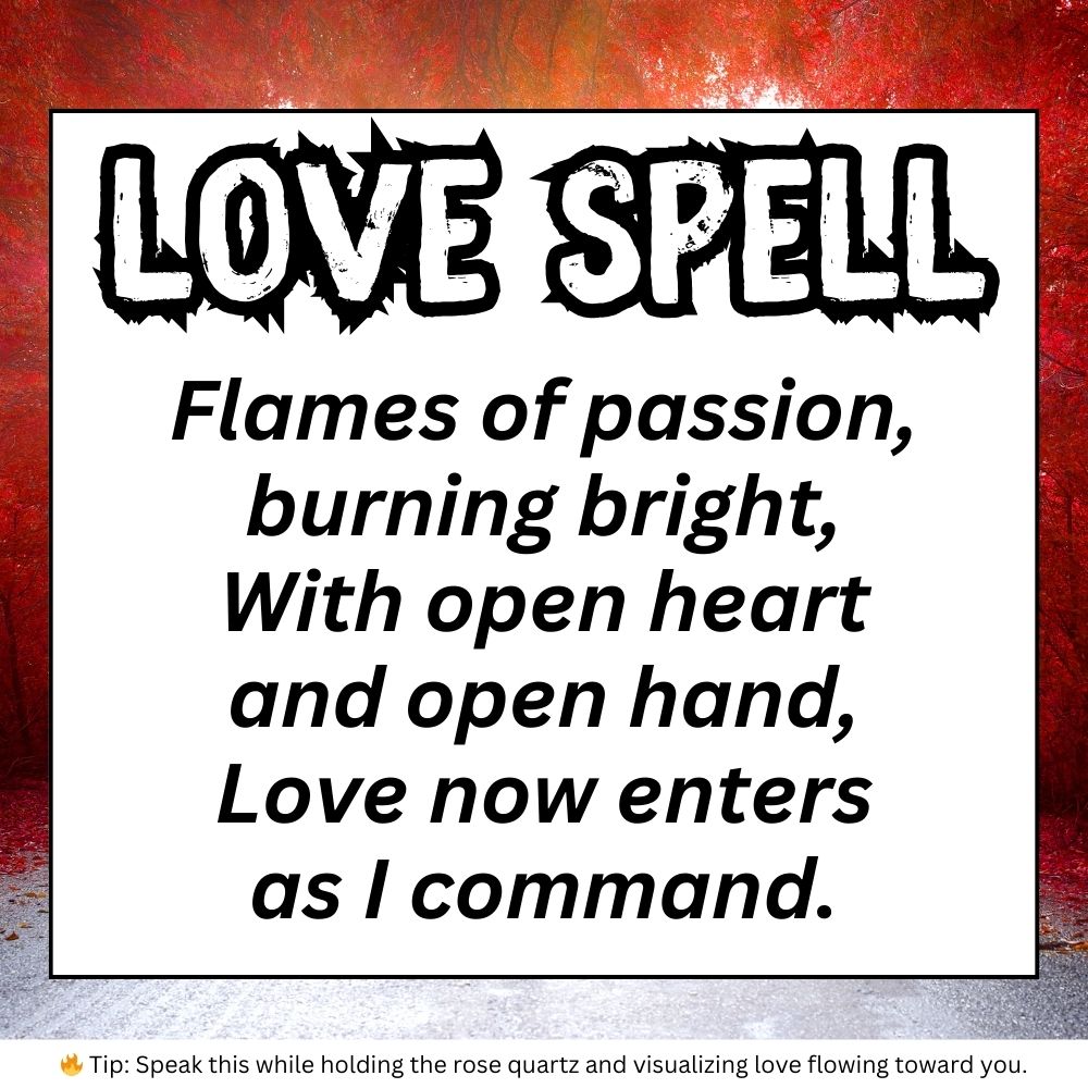 An illustration of a "Love Spell" with an incantation text and a tip for visualization, set against a dark background, suitable for a Halloween spell book focused on witchcraft spells for beginners.