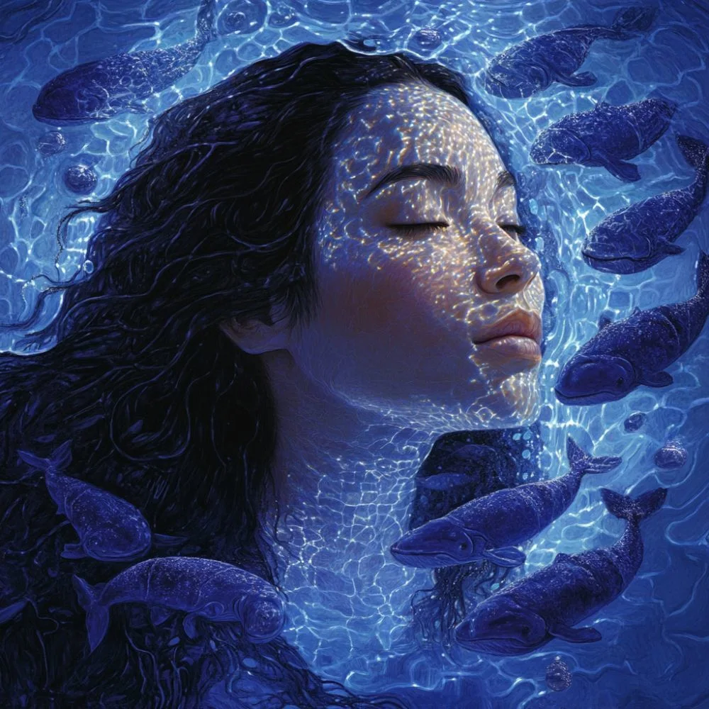Sedna, the Inuit sea goddess, depicted submerged in deep blue waters with her eyes closed in serenity. Her dark flowing hair merges with the ocean currents, surrounded by spirit whales and marine life. Light reflections dance across her face, symbolizing transformation, resilience, and her connection to the sea.