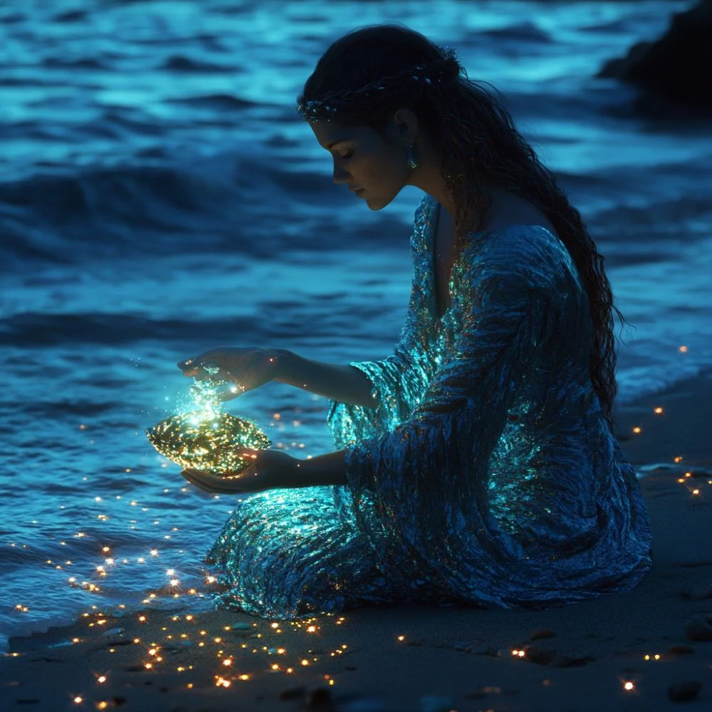 Thetis, the Greek sea nymph, kneeling on the shore at twilight, wearing a shimmering blue gown. She holds a glowing seashell filled with magical light, with bioluminescent energy swirling around her. The ocean waves gently touch the sand as she gazes into the luminous shell, symbolizing wisdom and prophecy.