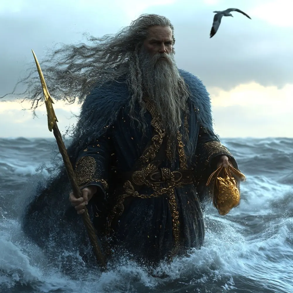 Njord, the Norse sea god, depicted as an imposing figure with long, windblown gray hair and beard, standing in turbulent ocean waves. He wears a regal navy and gold cloak, holding a golden pouch in one hand and a trident in the other. A seagull flies overhead against a stormy sky.