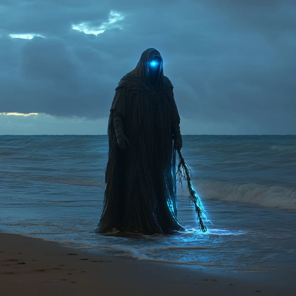 Manannán mac Lir, the Celtic sea god, depicted as a mysterious cloaked figure standing on a stormy beach. His glowing blue eyes pierce through the darkness, and he holds a seaweed-wrapped staff radiating magical energy. The ocean waves crash around him under a moody, cloud-filled sky.