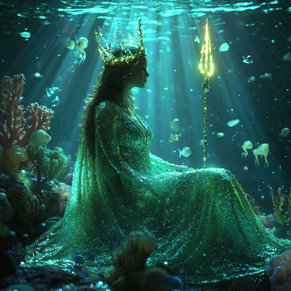 Amphitrite, the Greek sea goddess, depicted underwater wearing a shimmering green gown and a golden coral crown. She holds a glowing trident, surrounded by fish and coral, bathed in ethereal ocean light.