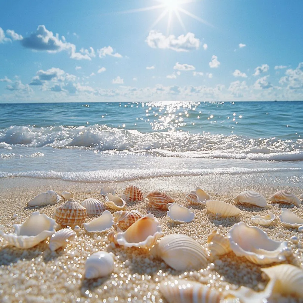 A collection of seashells scattered on golden sand, with ocean waves gently rolling in under a bright blue sky and shining sun.