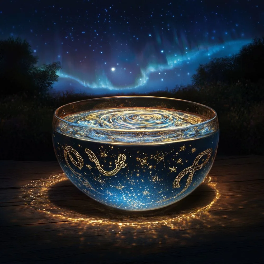 A glowing bowl of water with swirling golden light and celestial symbols sits on a wooden surface under a starry night sky with the aurora borealis.