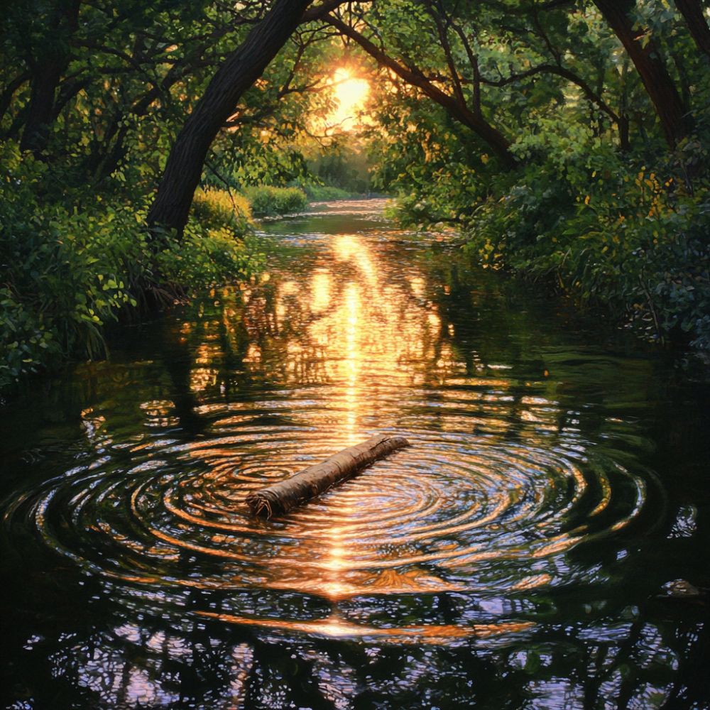 A log floats on a calm river, creating gentle ripples as the golden sunset reflects on the water, surrounded by lush green trees.