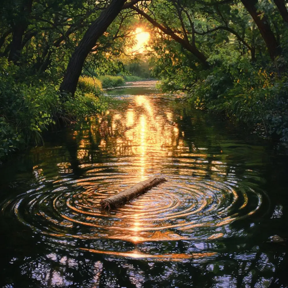 A log floats on a calm river, creating gentle ripples as the golden sunset reflects on the water, surrounded by lush green trees.
