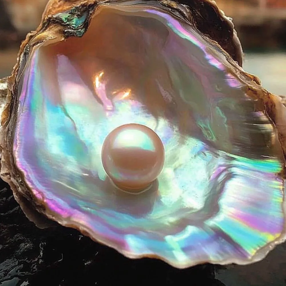 A luminous pearl resting inside an iridescent oyster shell, reflecting shades of pink, blue, and purple. The background features a blurred waterfront setting.