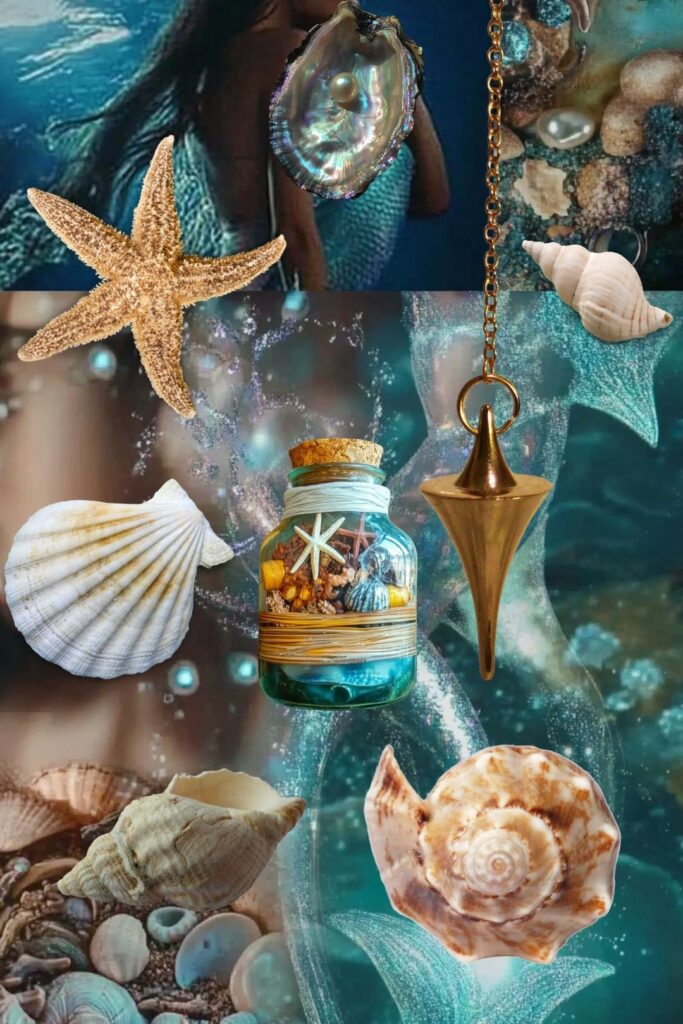 A mystical sea witch aesthetic collage featuring seashells, a starfish, a pearl in an oyster, a pendulum, and a glass jar filled with ocean-themed trinkets. The background includes an underwater scene with shimmering blue and gold tones.