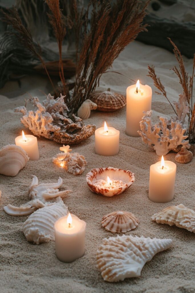 A sea witch altar set on sand, featuring seashells, coral, dried plants, and glowing candles arranged in a sacred, mystical setting.