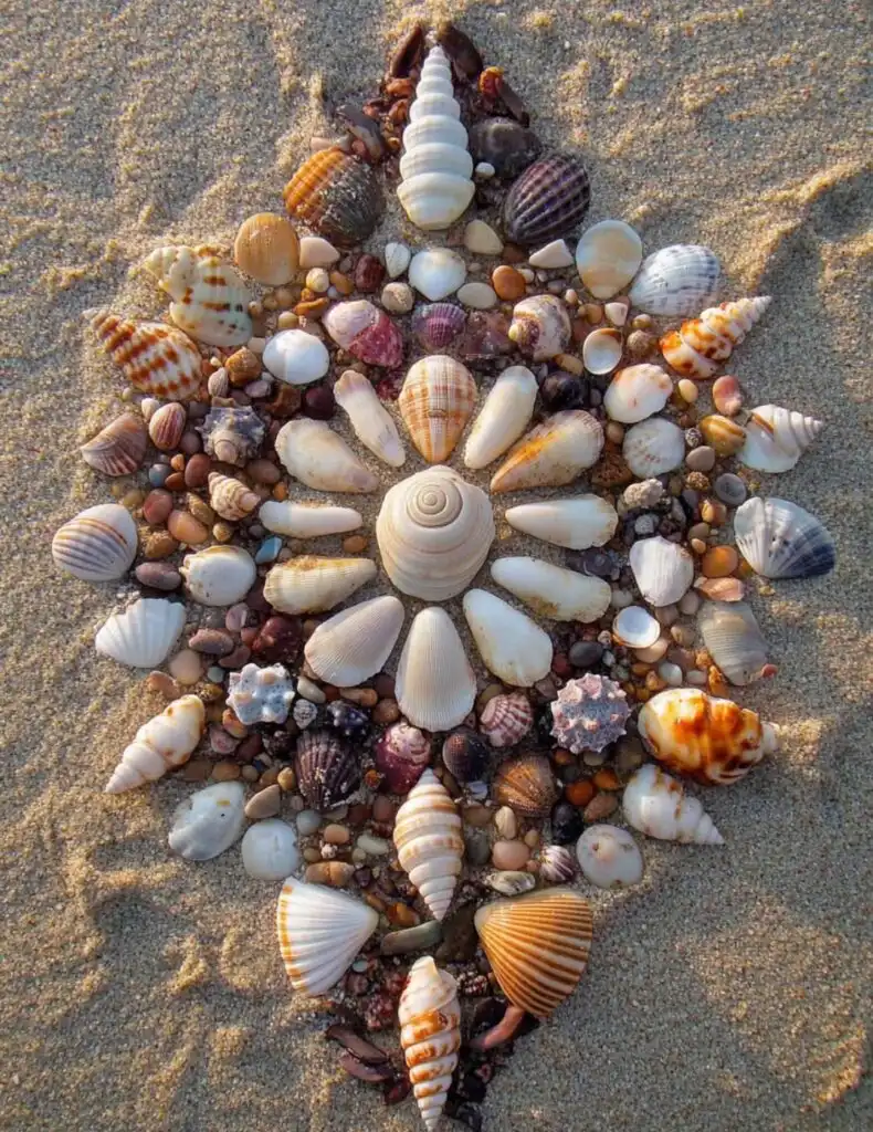 A beautifully arranged seashell mandala on the sand, featuring a variety of shells and small stones in a symmetrical, intricate pattern.