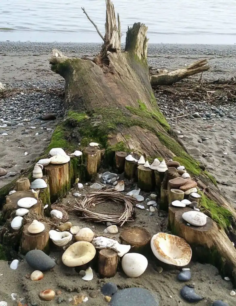 A rustic sea witch altar built on a driftwood log by the shore, adorned with seashells, stones, and a woven twig circle, blending with the natural beach setting.