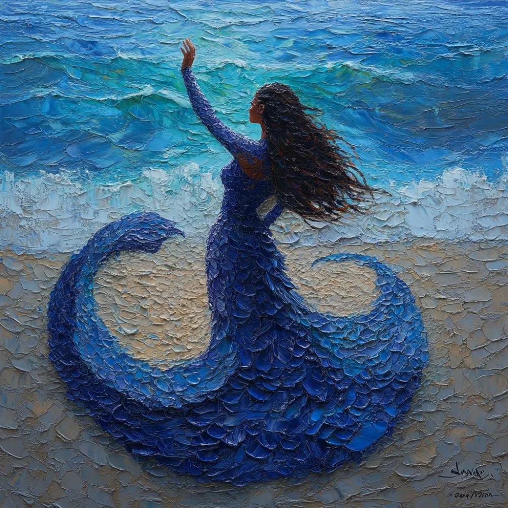 Yemaya, the Orisha of the ocean, depicted in a textured painting style. She stands on the shore, wearing a flowing deep blue dress that merges with the waves. Her dark hair flows in the wind as she raises her hand toward the sea, symbolizing nurturing energy, protection, and the divine connection between water and life.