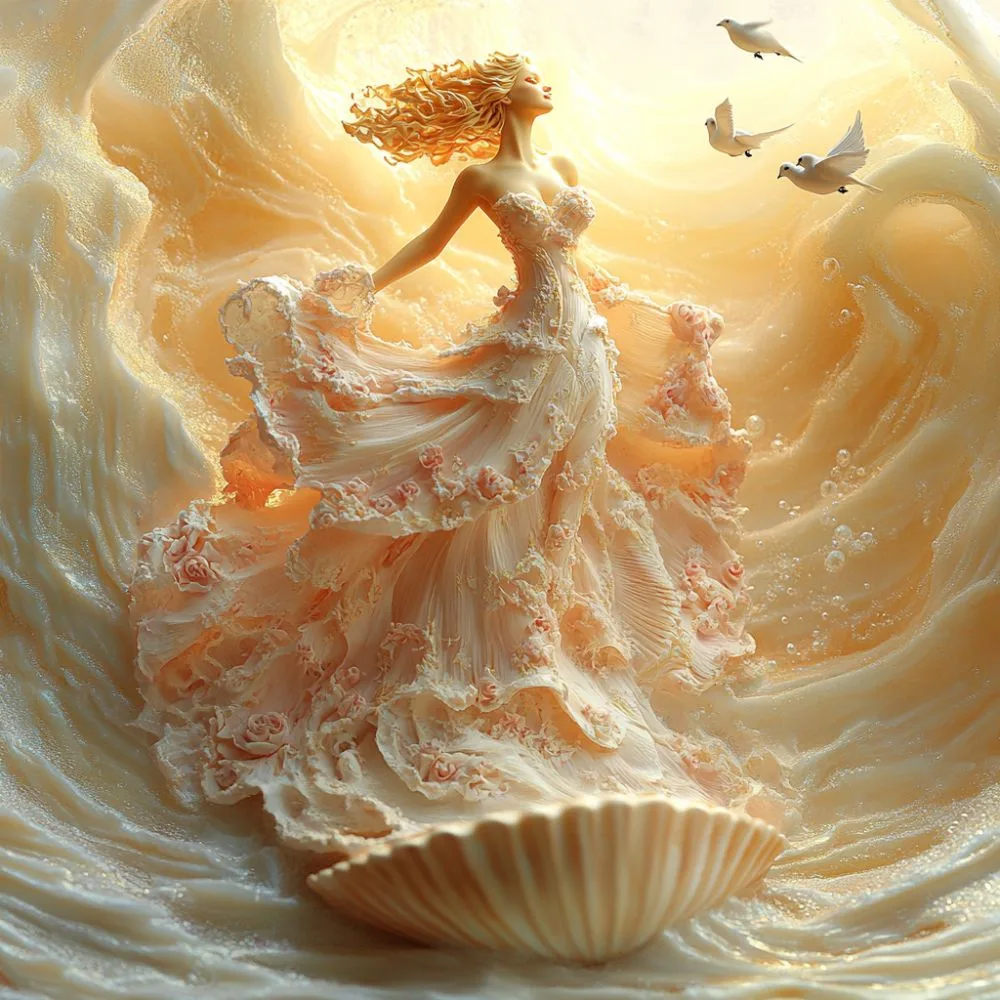 Aphrodite, the Greek goddess of love and beauty, emerging from sea foam atop a giant seashell. She wears an elegant flowing gown adorned with delicate roses, her golden hair cascading in the ocean breeze. The scene glows with warm golden light as doves fly around her, symbolizing romance, passion, and divine femininity.