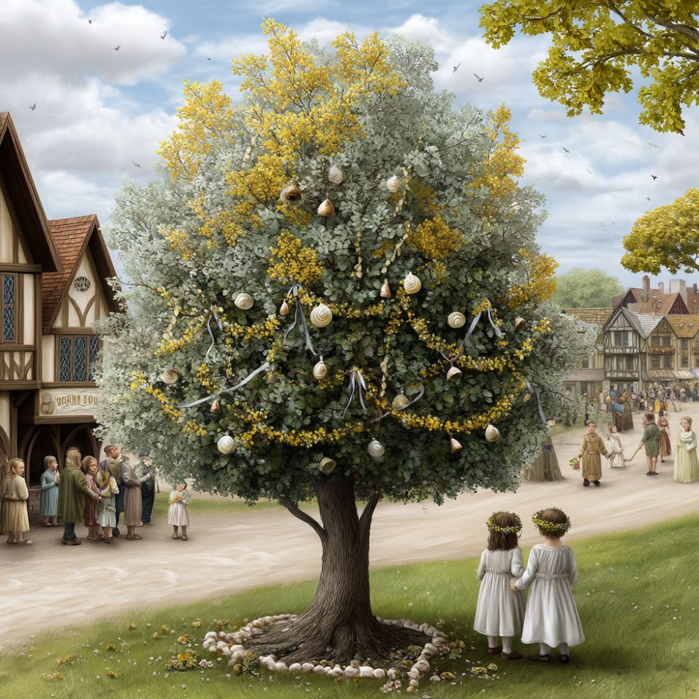 A colorful Beltane scene with a decorated May Bush, covered in yellow and white flowers, ribbons, and shells, medieval village background, people wearing flower crowns, bright spring landscape, blooming trees, fresh green grass, warm sunlight, cheerful and magical atmosphere, detailed, fantasy realism style
