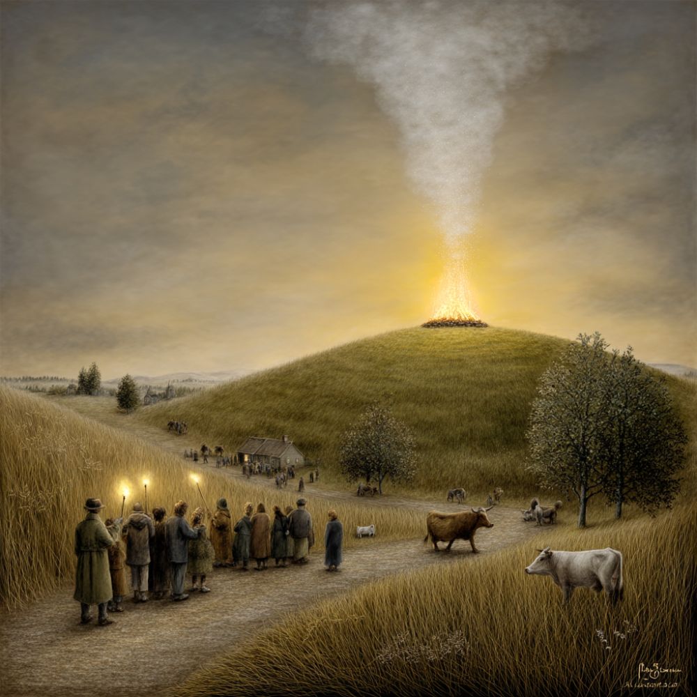 A colorful Beltane scene with a decorated May Bush, covered in yellow and white flowers, ribbons, and shells, medieval village background, people wearing flower crowns, bright spring landscape, blooming trees, fresh green grass, warm sunlight, cheerful and magical atmosphere, detailed, fantasy realism style