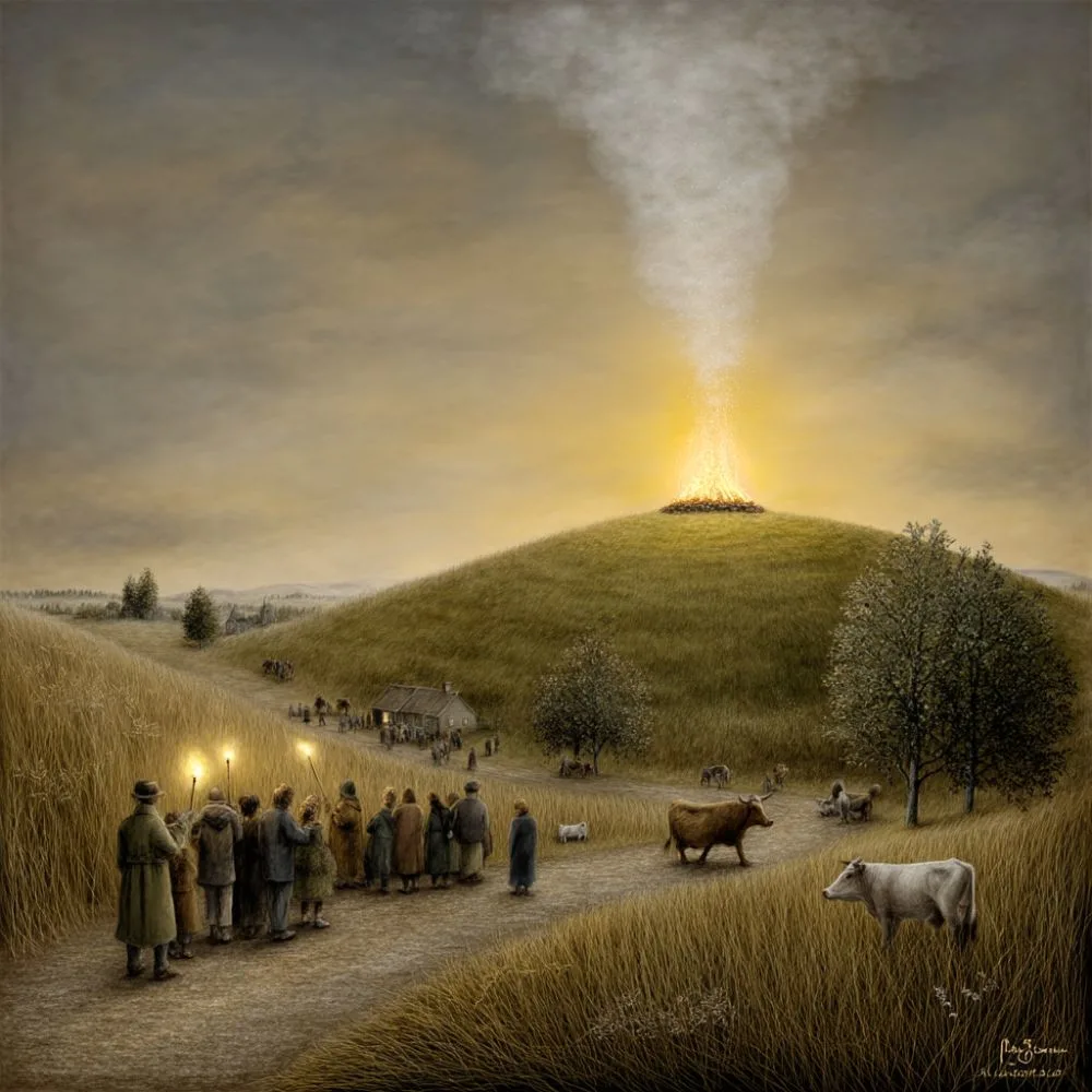 A colorful Beltane scene with a decorated May Bush, covered in yellow and white flowers, ribbons, and shells, medieval village background, people wearing flower crowns, bright spring landscape, blooming trees, fresh green grass, warm sunlight, cheerful and magical atmosphere, detailed, fantasy realism style