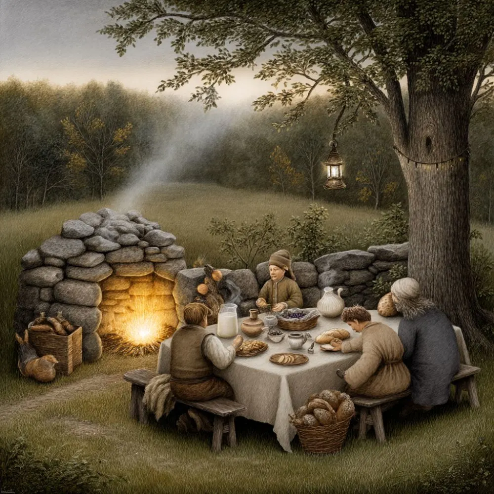 A cozy outdoor Beltane feast at twilight, a rustic table near a bonfire, covered with seasonal foods like berries, bread, honey, and milk, villagers in medieval Celtic clothing sharing food and laughter, a small offering plate left near the fire for nature spirits, soft warm firelight, lush green surroundings, mystical atmosphere, detailed, historical fantasy realism style