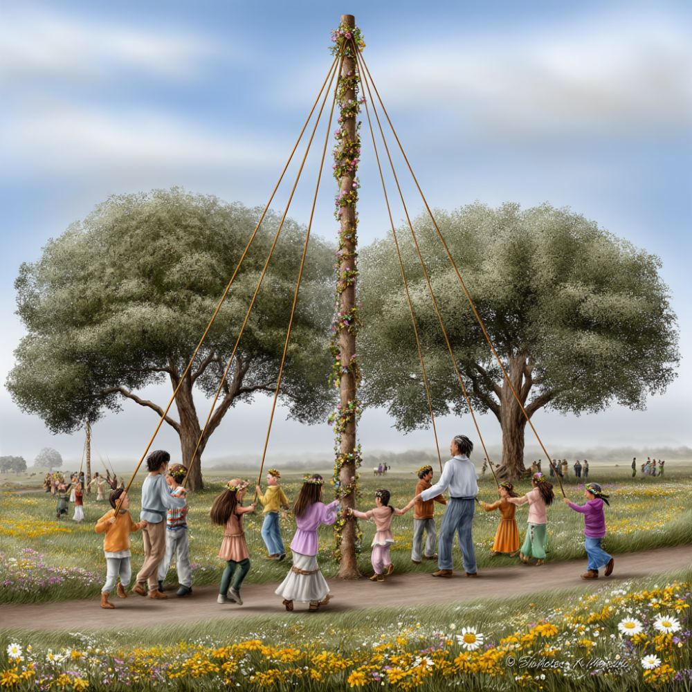 A lively Beltane Maypole dance in a sunny meadow, people in bright colorful clothing and flower crowns weaving ribbons around a tall decorated pole, blooming spring flowers all around, children and adults laughing and dancing, clear blue sky, vibrant and festive atmosphere, detailed, warm, historical fantasy realism style