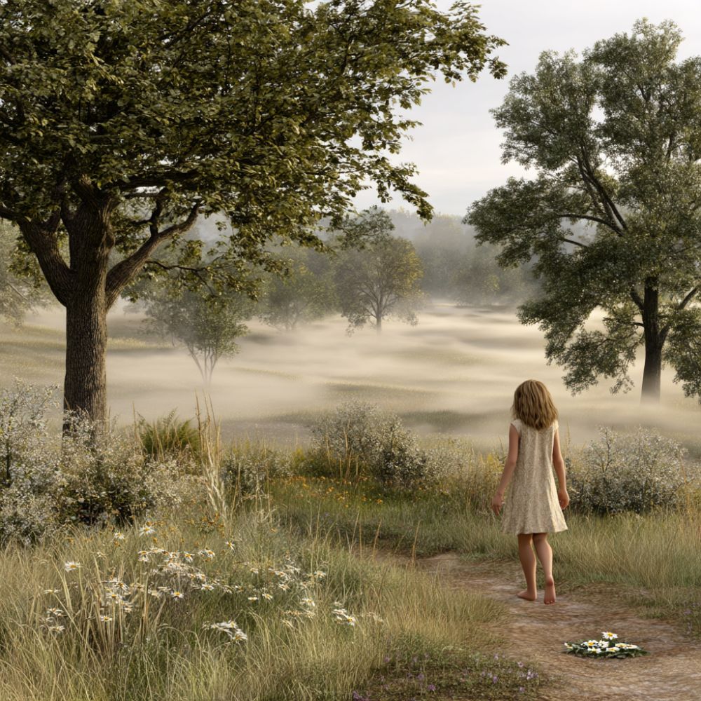 A serene Beltane sunrise, young woman walking barefoot through a dew-covered meadow, soft mist rising, surrounded by wildflowers and blooming trees, gentle golden sunlight filtering through the haze, peaceful and magical atmosphere, a small flower offering placed on the ground, detailed, dreamy, nature-focused fantasy realism style
