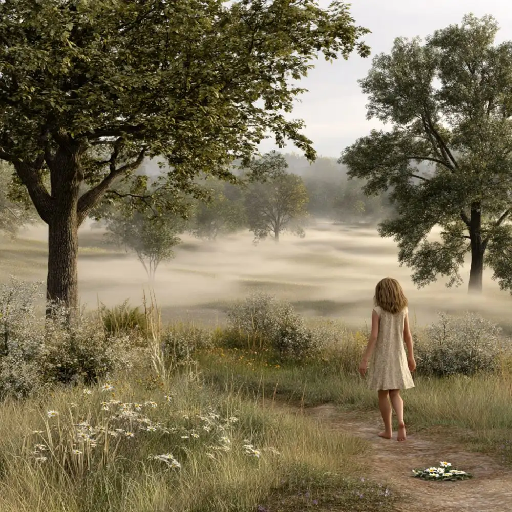 A serene Beltane sunrise, young woman walking barefoot through a dew-covered meadow, soft mist rising, surrounded by wildflowers and blooming trees, gentle golden sunlight filtering through the haze, peaceful and magical atmosphere, a small flower offering placed on the ground, detailed, dreamy, nature-focused fantasy realism style
