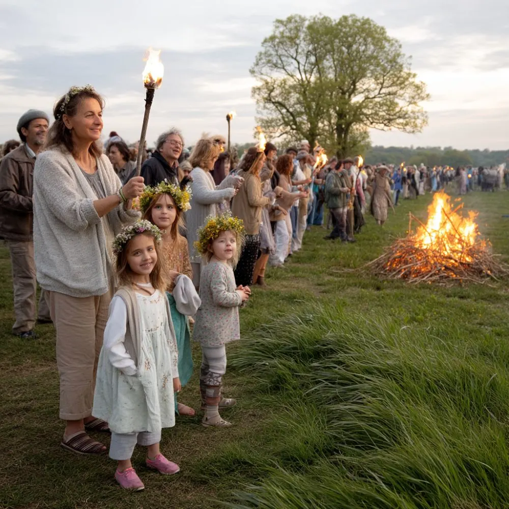 A vibrant real-life Beltane festival captured like a high-quality photograph, colorful costumes, people with flower crowns and bright clothing dancing around a large bonfire at sunset, lush green grass, clear spring sky with soft pink and gold hues, torches held high, joyful faces, realistic lighting, natural colors, candid festive atmosphere, sharp detail, documentary photography style
