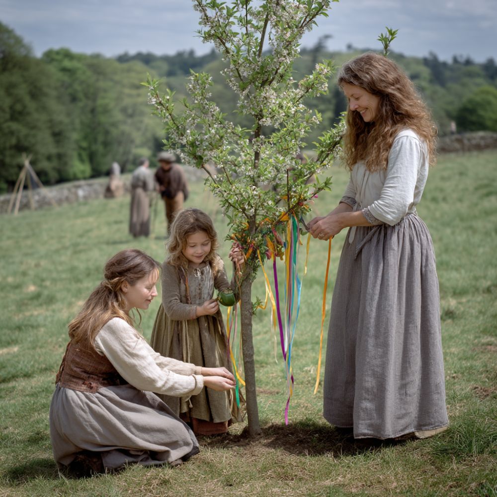 Realistic historical re-enactment of ancient Beltane celebrations, high-quality photo style, villagers in simple medieval Celtic clothing decorating a May Bush with colorful ribbons and spring flowers, lush green meadow, blooming trees in the background, clear bright spring sky, natural vivid colors, joyful atmosphere, sharp focus, cinematic historical photography