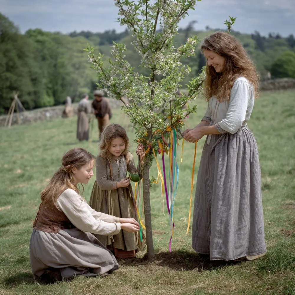Realistic historical re-enactment of ancient Beltane celebrations, high-quality photo style, villagers in simple medieval Celtic clothing decorating a May Bush with colorful ribbons and spring flowers, lush green meadow, blooming trees in the background, clear bright spring sky, natural vivid colors, joyful atmosphere, sharp focus, cinematic historical photography