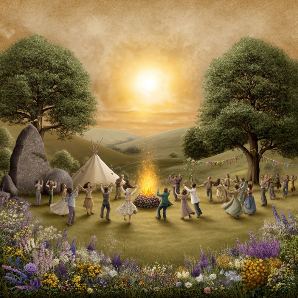 A sacred Beltane bonfire on a hilltop at sunset, villagers gathered around, lighting torches, medieval Celtic clothing, cattle nearby, glowing golden flames, mystical atmosphere, ancient rural landscape, soft smoke rising into the colorful sky, detailed, warm, magical, historical realism style
