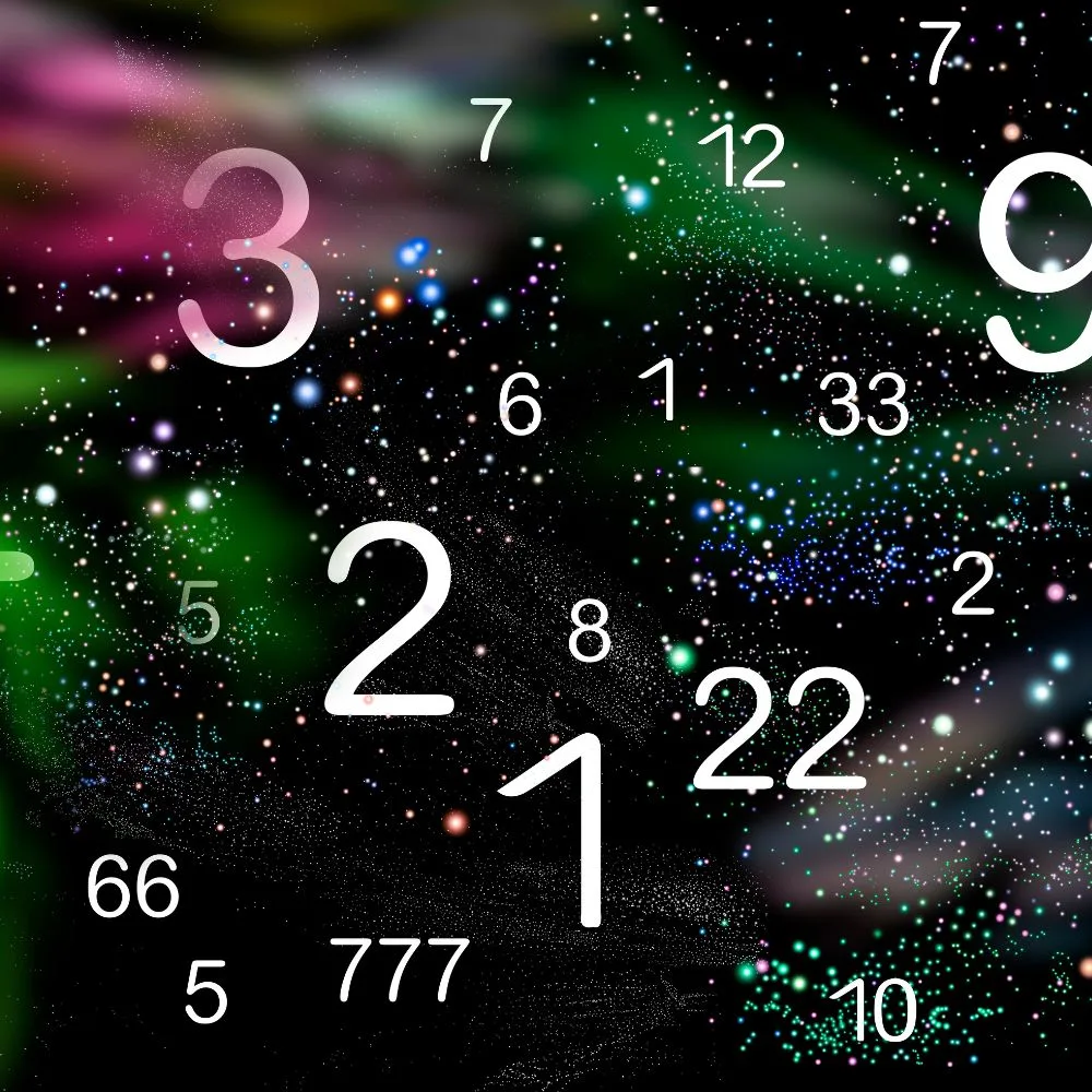 A cosmic background filled with stars and colorful nebulae, overlaid with various mystical numbers used in numerology, including 1, 22, 777, and 33.