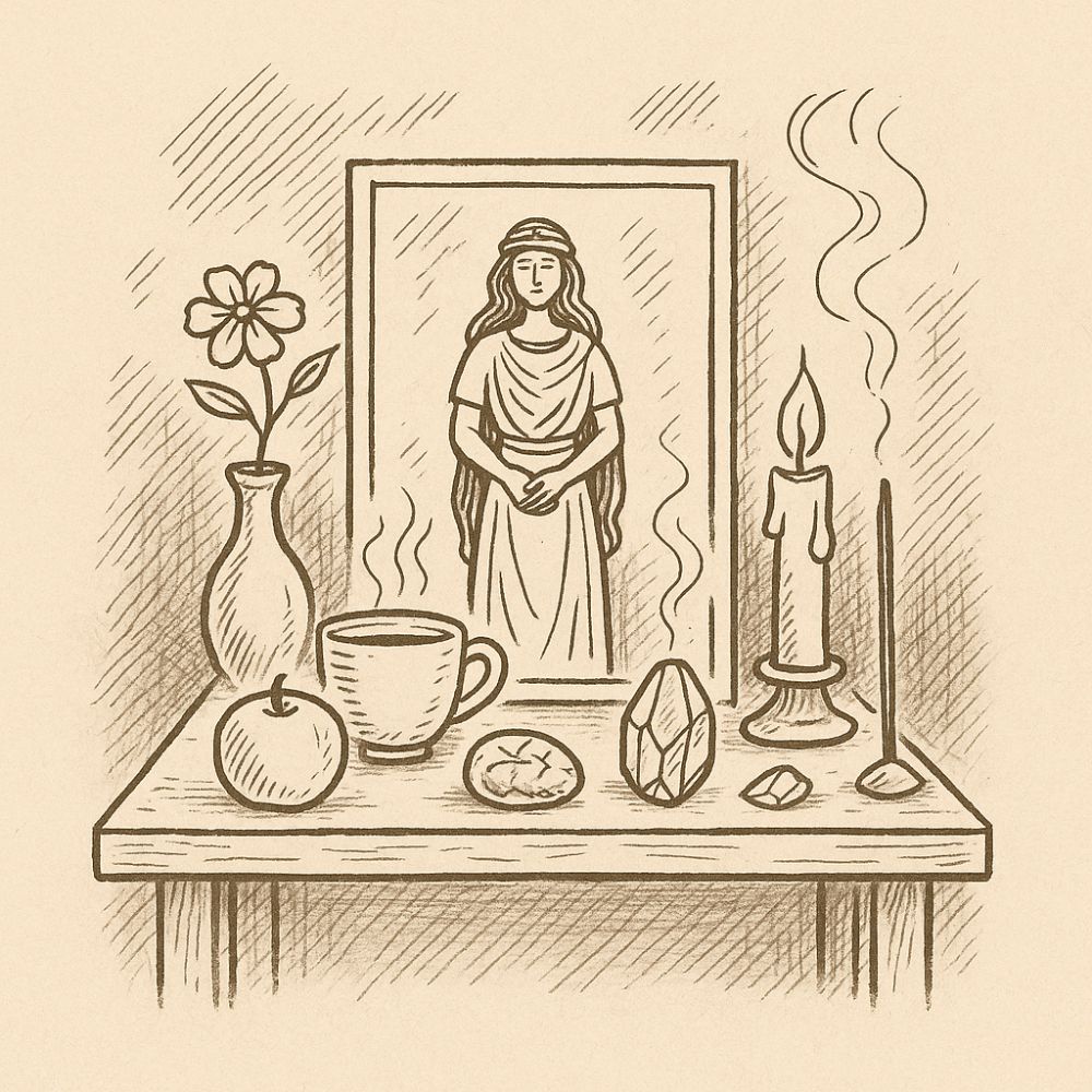 Hand-drawn illustration of a deity altar setup. It features a framed image of a goddess, a lit candle, incense, crystals, a flower in a vase, a cup, an apple, and a small bread offering on a wooden table.
