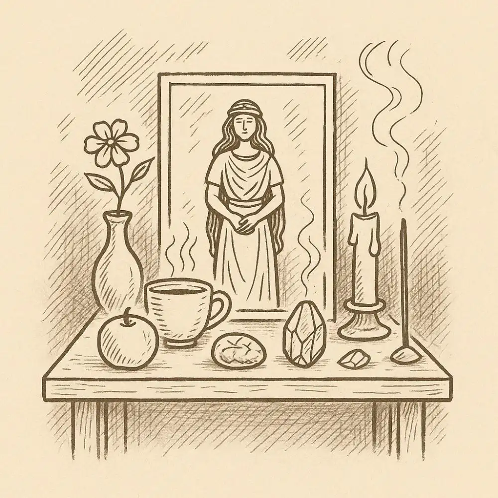 Hand-drawn illustration of a deity altar setup. It features a framed image of a goddess, a lit candle, incense, crystals, a flower in a vase, a cup, an apple, and a small bread offering on a wooden table.