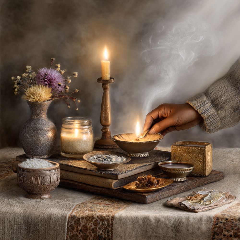 Realistic digital painting of a home altar. A hand lights a ritual bowl surrounded by candles, herbs, dried flowers, incense, and ornate containers on a textured cloth and wooden surface in warm candlelight.