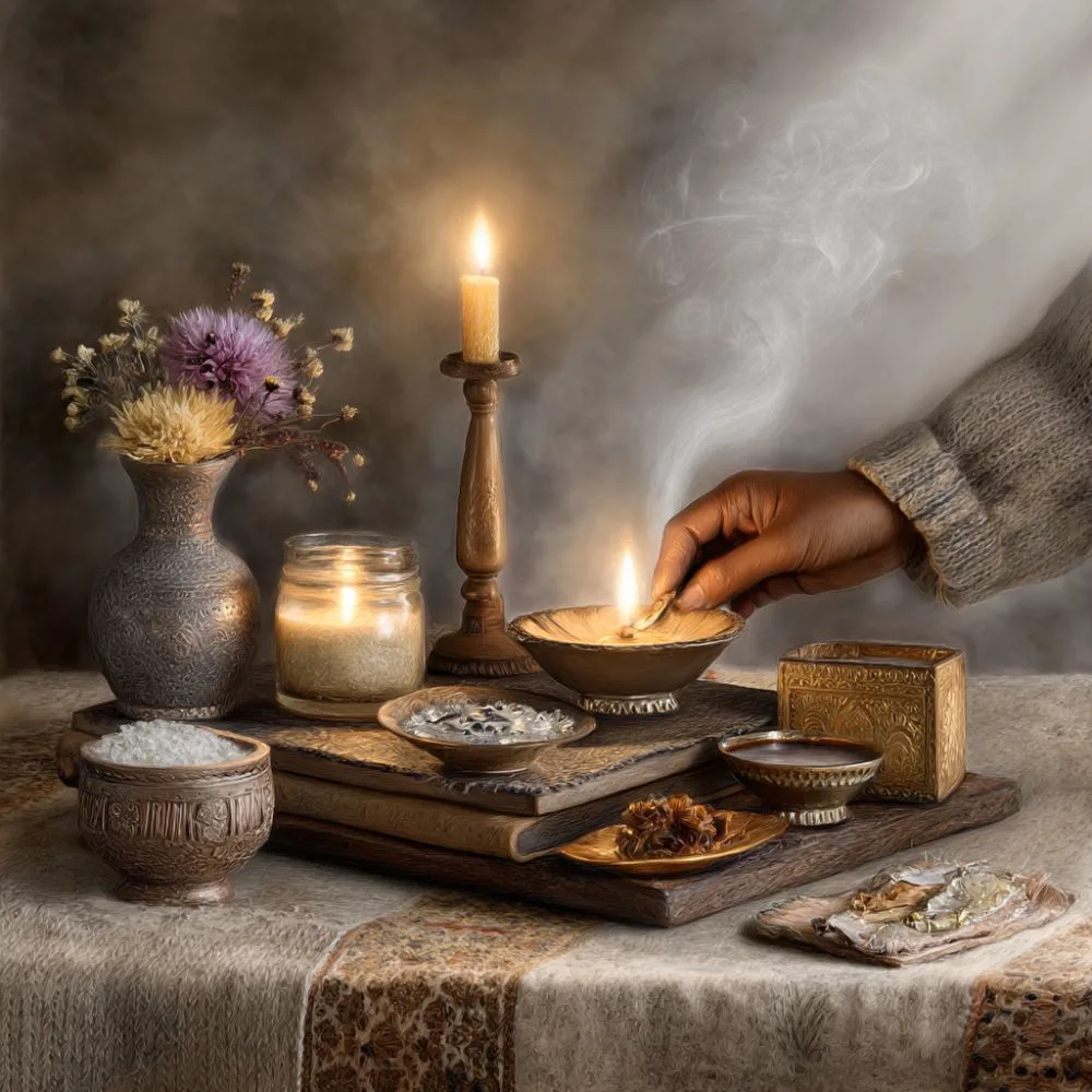 Realistic digital painting of a home altar. A hand lights a ritual bowl surrounded by candles, herbs, dried flowers, incense, and ornate containers on a textured cloth and wooden surface in warm candlelight.