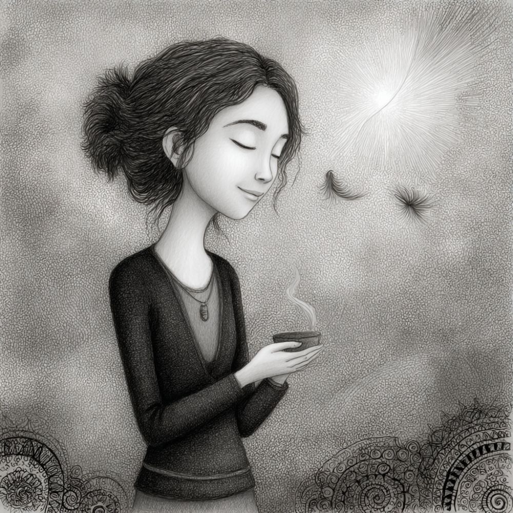 Black and white illustration of a peaceful woman with closed eyes holding a steaming bowl. She stands in a dreamy, textured space with soft light and floating feather-like shapes, evoking calm and spiritual connection.