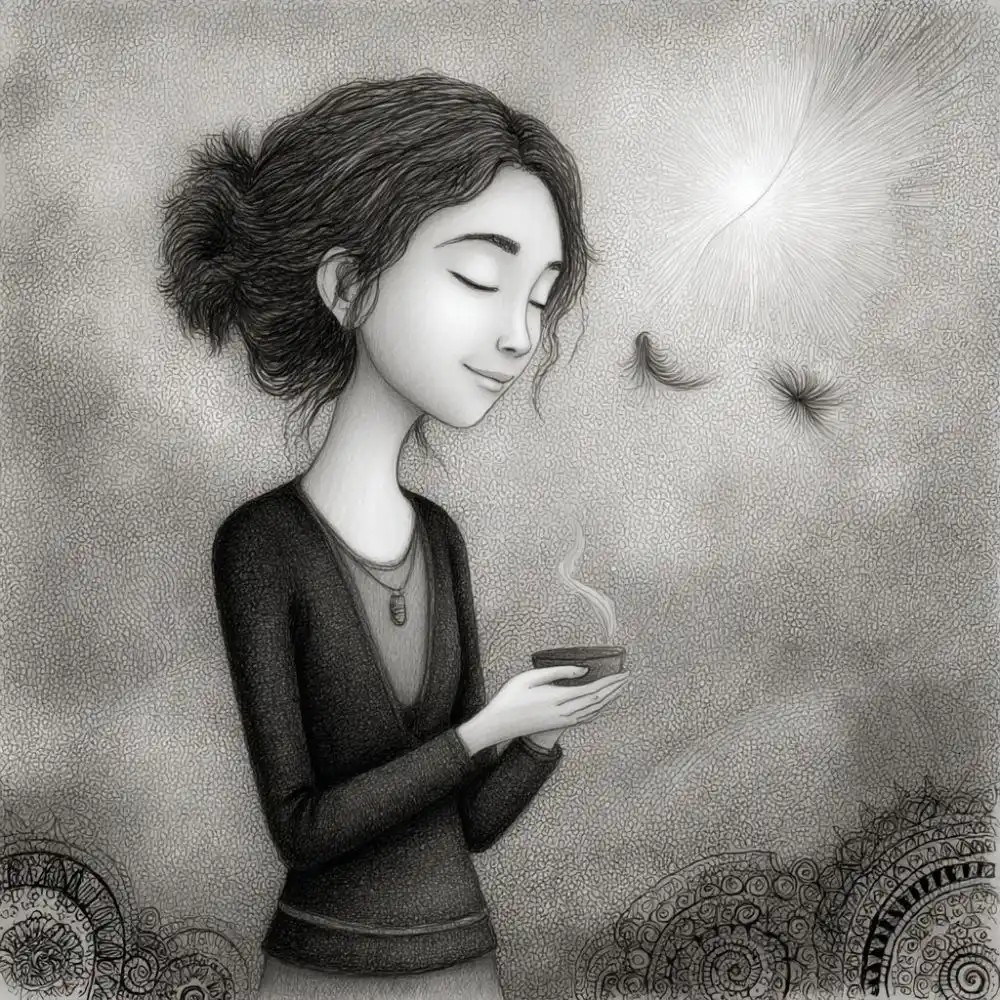 Black and white illustration of a peaceful woman with closed eyes holding a steaming bowl. She stands in a dreamy, textured space with soft light and floating feather-like shapes, evoking calm and spiritual connection.