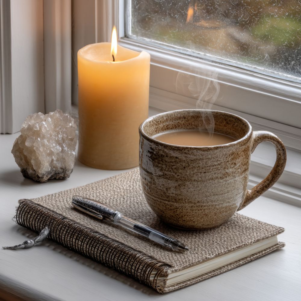 Cozy scene by a rainy window featuring a steaming mug of tea on top of a woven notebook, with a pen, a lit beeswax candle, and a clear quartz crystal nearby.