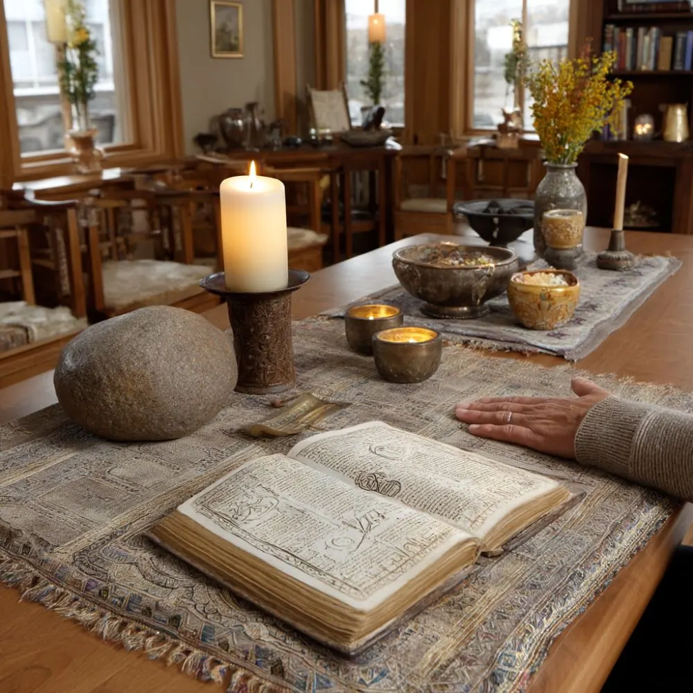 Warm, cozy room with a large wooden table set for ritual. An open ancient-looking book rests on a woven cloth with lit candles, a large stone, ceremonial bowls, and herbs, as a hand gently touches the cloth in reverence.